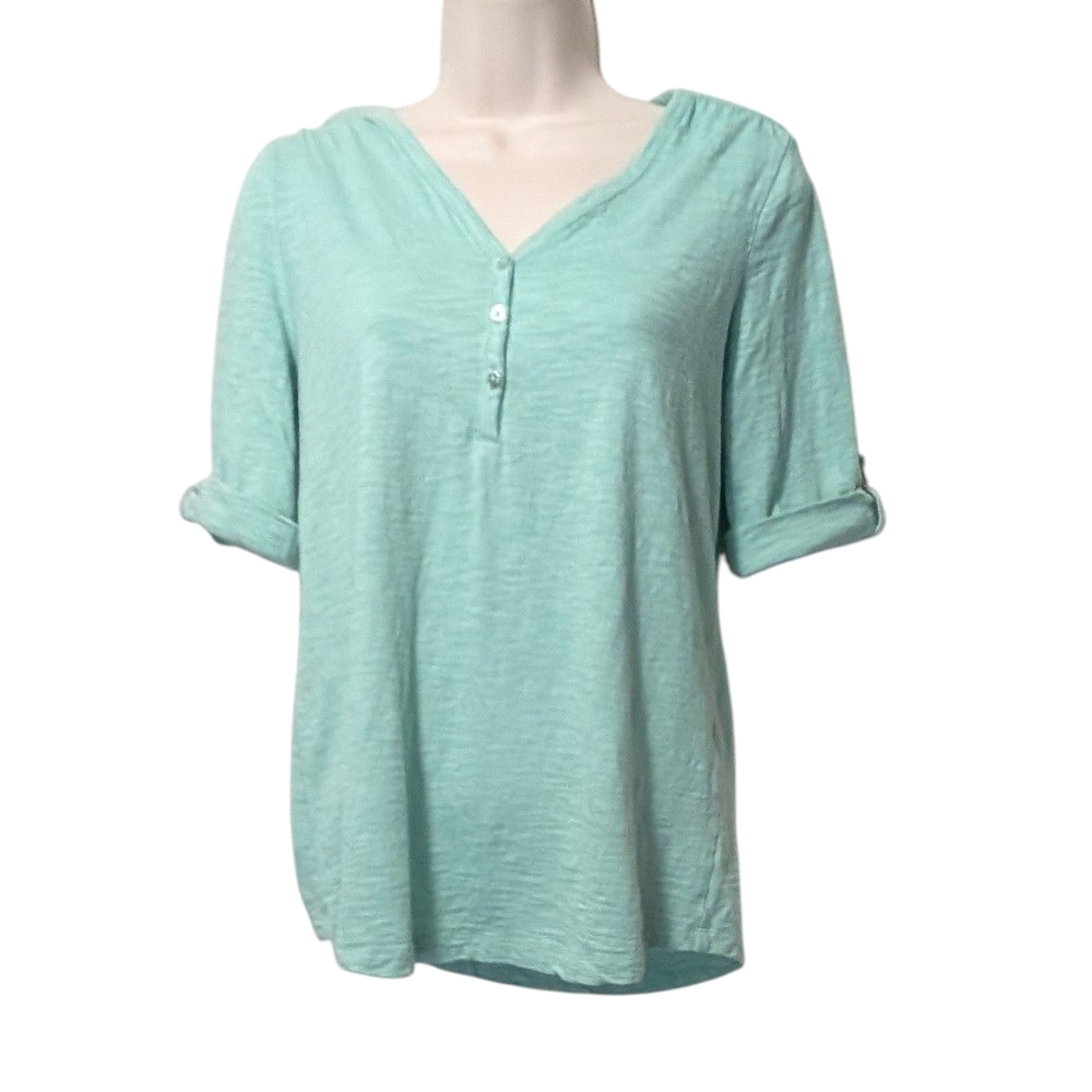 Chico's Green Cuffed Sleeve Polo Blouse